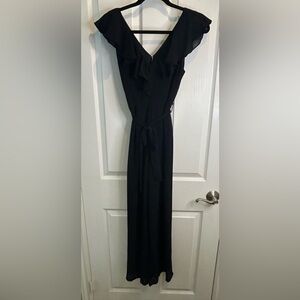 🖤”Mi Ami” Elegant Black Ruffle “Chiffon” Belted Jumpsuit and Zip Back Size XS 🖤